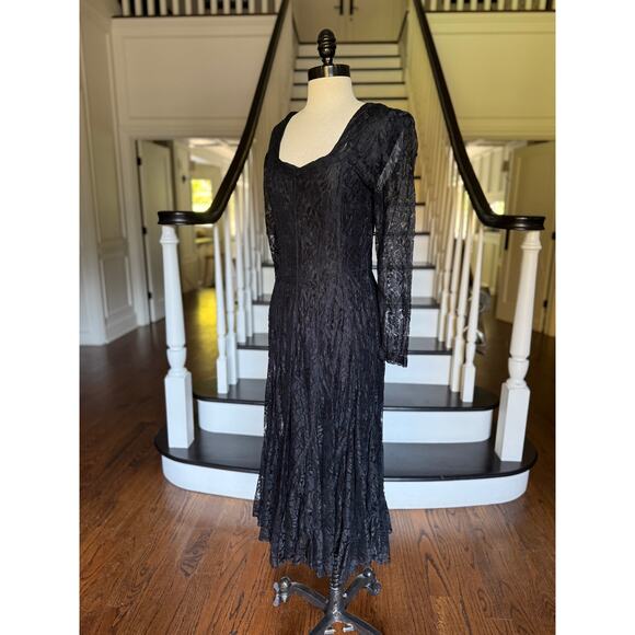 --SOLD--Vintage 90s Black Lace Bias Twirl Dress Whimsy Goth Shabby Chic Gypsy - Picture 4 of 11